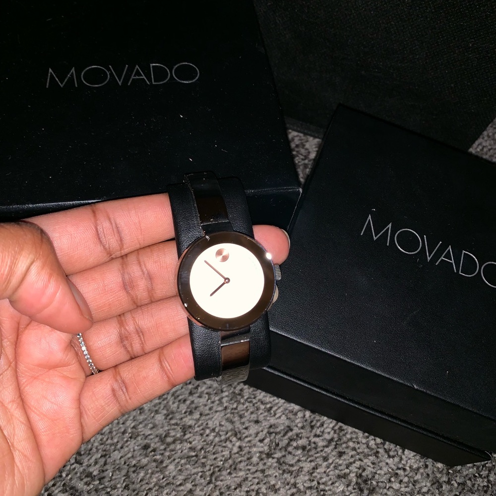 Movado Black Band Stainless Case Watch with Cream Dial